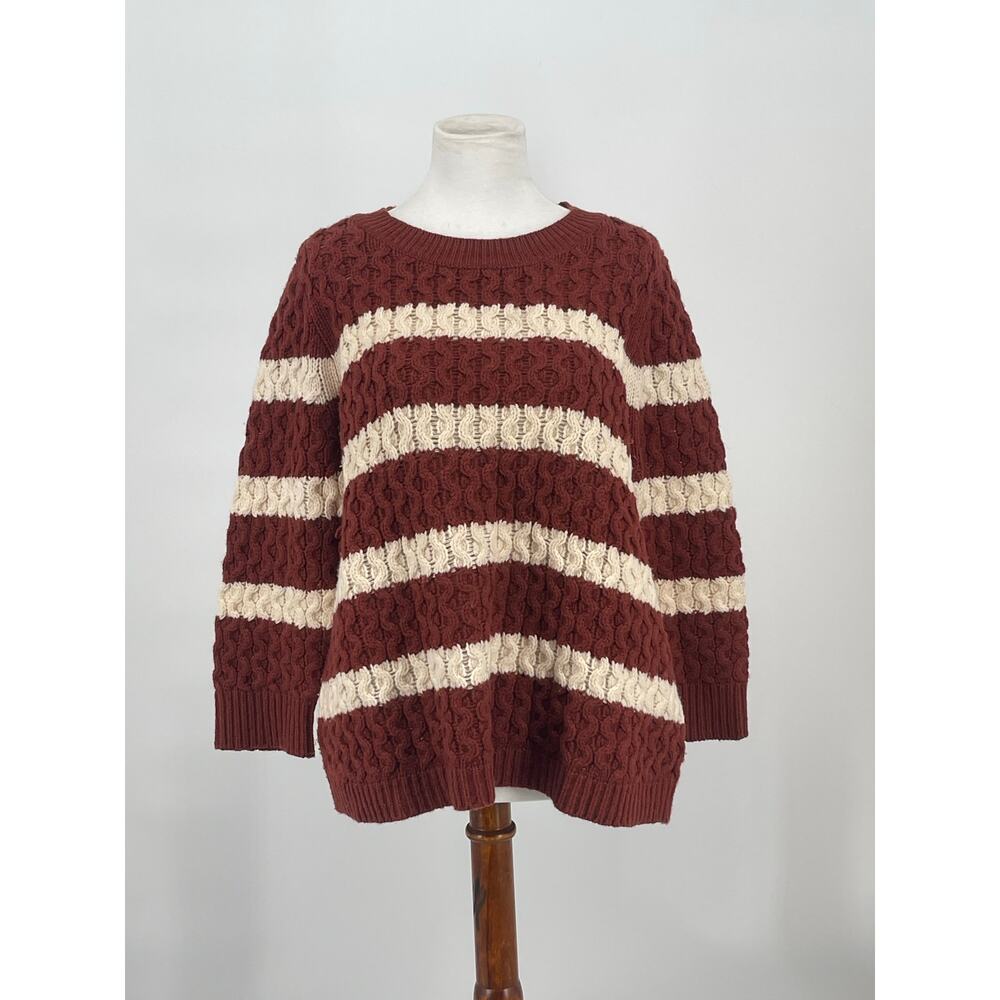 J.Crew Merino Wool Chunky Knit Stripe Sweater Chocolate Brown Cream Size L